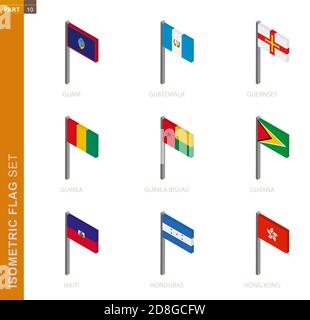 Isometric flag set, Flagpole in Isometric dimension. Collection of nine 3D vector flag. Stock Vector
