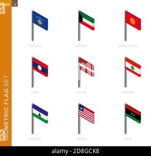 Isometric flag set, Flagpole in Isometric dimension. Collection of nine 3D vector flag. Stock Vector
