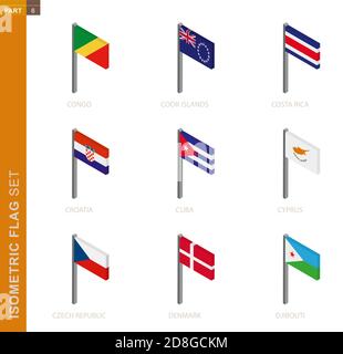 Isometric flag set, Flagpole in Isometric dimension. Collection of nine 3D vector flag. Stock Vector