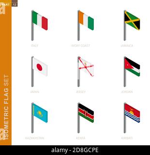 Isometric flag set, Flagpole in Isometric dimension. Collection of nine 3D vector flag. Stock Vector