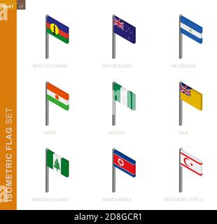 Isometric flag set, Flagpole in Isometric dimension. Collection of nine 3D vector flag. Stock Vector