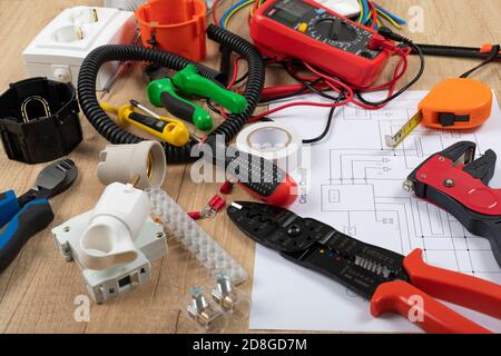 Tools for electrician needs: shocket multimeter, voltage testers, wire strippers, pliers, Stock Photo