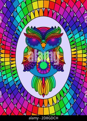 Funny cartoon ornamental owl in spectrum bright colors, stained-glass window for a children's room Stock Vector