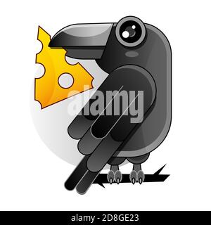 black crow with piece of cheese in beak vector illustration, isolated on white background Stock Vector