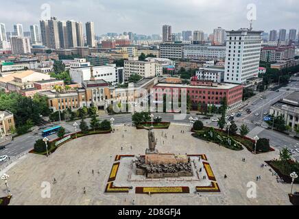 An aerial view of Zhongshan Square, on which a standing statue of Mao Zedong, also known as Chairman Mao, in Shenyang city, northeast China's Liaoning Stock Photo