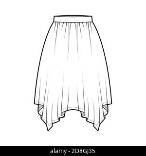 Skirt handkerchief technical fashion illustration with circular knee silhouette, pencil fullness, thin waistband. Flat bottom template front, white color style. Women, men, unisex CAD mockup Stock Vector