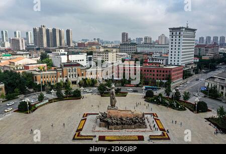 An aerial view of Zhongshan Square, on which a standing statue of Mao Zedong, also known as Chairman Mao, in Shenyang city, northeast China's Liaoning Stock Photo