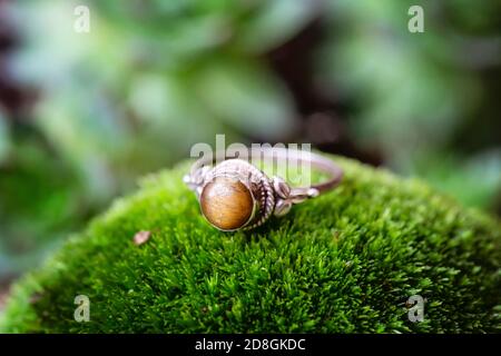 Sterling silver ring with tiger eye gemstone on green moss background Stock Photo