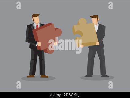 Cartoon businessmen holding large pieces of jigsaw puzzle. Creative vector illustration on business fit concept isolated on grey background. Stock Vector