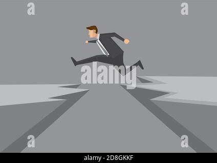 Cartoon man in business suit jumps from one rocky cliff to another. Creative vector illustration for overcoming obstacles and risk taking concept isol Stock Vector