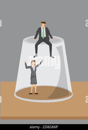 Cartoon businesswoman trapped in inverted transparent glass and a businessman sitting on top of the glass. Creative vector illustration for metaphor o Stock Vector