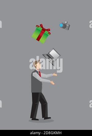 Side view of modern man juggling gift box, laptop computer and SLR camera. Creative vector illustration for consumerism concept isolated on grey backg Stock Vector