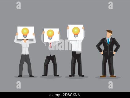 Employees holding card with drawing of light bulb in front of their faces. Cartoon vector illustration for ideas and brainstorming concept isolated on Stock Vector