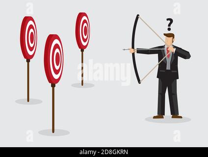 Cartoon businessman holding bow and arrow confused by multiple bullseye target. Creative vector illustration on confusion due to lack of specific goal Stock Vector