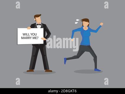 Woman runs away from man holding placard with text, will you marry me. Vector cartoon illustration on woman not wanting to get married isolated on gre Stock Vector