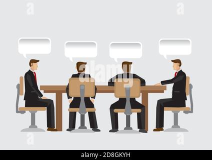 A group of businessman sitting at conference table and blank speech balloons with copy space above their heads. Vector cartoon illustration on busines Stock Vector