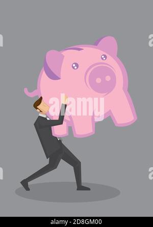 Cartoon businessman walking and carrying a huge pink piggy bank. Creative vector illustration on savings and financial concept isolated on grey backgr Stock Vector