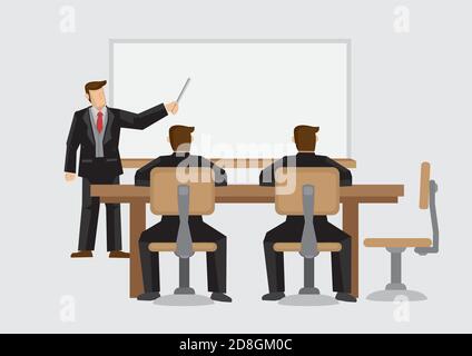 Cartoon businessman giving presentation with audience sitting at table. Vector illustration on business meeting and presentation isolated on plain bac Stock Vector