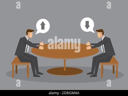 Two cartoon professionals cannot meet eye to eye in business meeting at round table. Vector illustration isolated on plain grey background. Stock Vector
