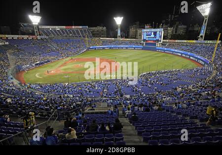 A baseball game between the DeNA BayStars and the Hanshin Tigers is played  at Yokohama Stadium on Nov. 1, 2020, the last day of a three-day trial to  study ways to mitigate