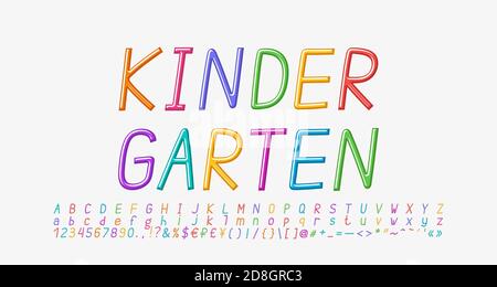 Multicolored cartoon Italic alphabet, thin linear font rainbow bright colors. Uppercase and lowercase letters, numbers, punctuation marks. Vector. Stock Vector