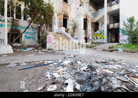 Santiago, Chile - March 01, 2020:  The destruction of Zone Zero, the area of downtown where daily protest, marches and confrontation with the police h Stock Photo