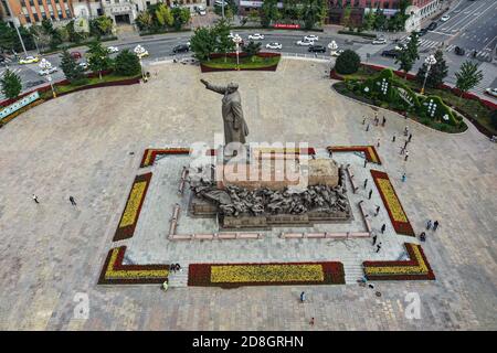 An aerial view of Zhongshan Square, on which a standing statue of Mao Zedong, also known as Chairman Mao, in Shenyang city, northeast China's Liaoning Stock Photo