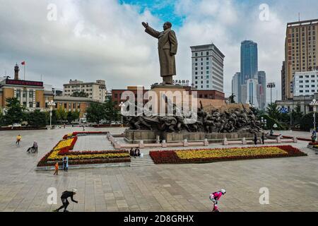 An aerial view of Zhongshan Square, on which a standing statue of Mao Zedong, also known as Chairman Mao, in Shenyang city, northeast China's Liaoning Stock Photo