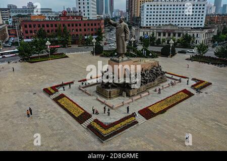 An aerial view of Zhongshan Square, on which a standing statue of Mao Zedong, also known as Chairman Mao, in Shenyang city, northeast China's Liaoning Stock Photo