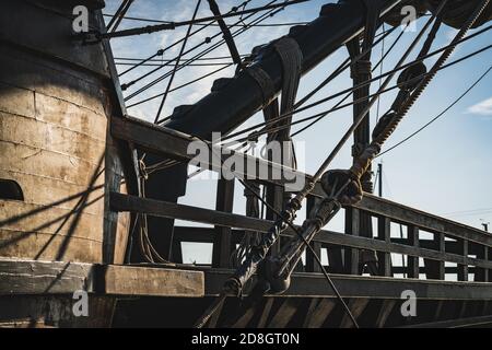 Detail of the wooden prow of an old spanish galleon replica Stock Photo
