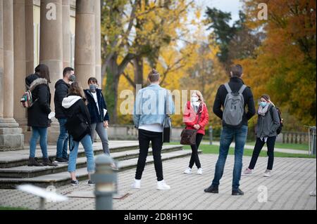 29 October 2020, Baden-Wuerttemberg, Stuttgart: Students in their first semester stand in front of Hohenheim Castle, which belongs to the University of Hohenheim, during a guided tour of the campus. The winter semester 2020/2021 begins in Baden-Württemberg on 2nd November under more stringent hygiene conditions due to the coronavirus pandemic. Photo: Sebastian Gollnow/dpa Stock Photo