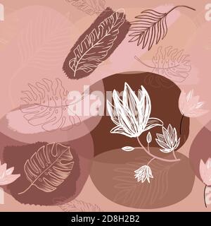 Seamless Modern, Abstract, Hand Drawn Shapes, Flowers with Banana and Palm Leaves. Boho Geometric Pattern in Earth Tones for Fabric, Wallpaper, Packag Stock Photo