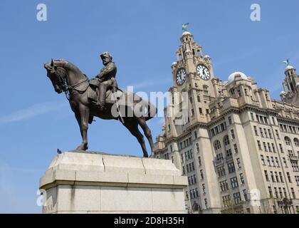 Edward VII on horse statue in front of Royal Liver building in Liverpool, England, UK, Europe Stock Photo