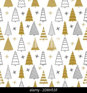 Pine tree pattern design with different Christmas trees - funny hand drawn doodle, seamless pattern. Lettering poster or t-shirt textile graphic desig Stock Vector