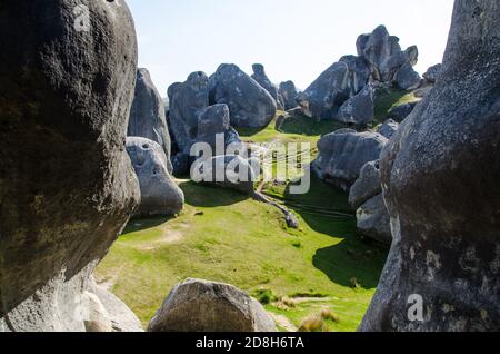 Beautiful view of limestone boulders in Castle Hill in New Zealand Stock Photo