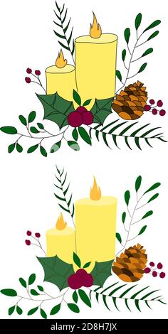 Set of two New Year and Christmas candle compositions with and without contour Stock Vector