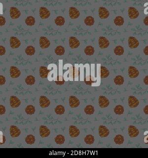 Seamless Christmas pattern with green leaves and pine cones on green background Stock Vector