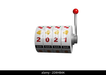 Wheels of a slot machine with the number 2021. New year concept. 3d illustration. Stock Photo