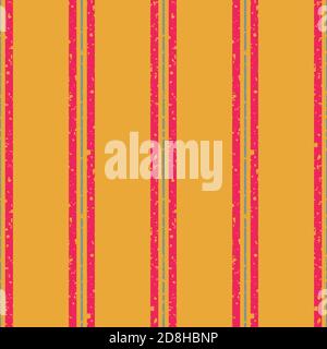 Thin and thick stripes with etched texture vector seamless pattern background. Vertical red and blue striped design on orange backdrop with grunge Stock Vector