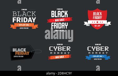 Black Friday and Cyber Monday 2020 sale badges templates set. Vector illustration of Black Friday promotion label concept Stock Vector