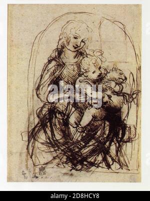 Leonardo da Vinci. Virgin, Child and Cat. 1478-1481. Pen and ink. Stock Photo