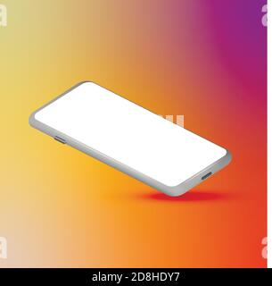 Mobile phone with blank screen. Silver smartphone 3D perspective view. Colorful gradient mesh background. Template for graphic design presentation Stock Vector