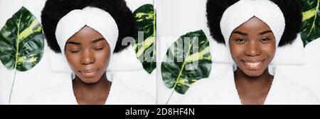 Collage of african american woman in white headband and bathrobe lying near green leaves in spa salon, banner Stock Photo