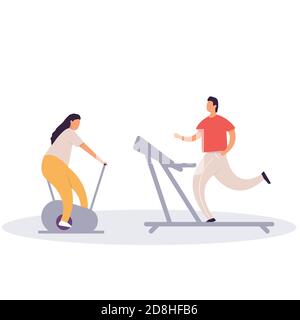 Fat man running on treadmill and fat woman on exercise bicycle. Cartoon character doing cardio training on exercise machine, weight loss concept. Flat Stock Vector