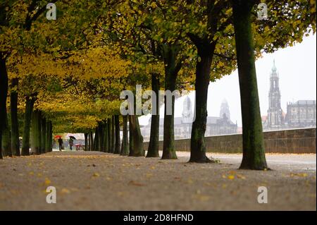 Dresden, Germany. 30th Oct, 2020. Passers-by with umbrellas walk along an avenue of autumnally coloured trees against the backdrop of the old town. Credit: Sebastian Kahnert/dpa-Zentralbild/ZB/dpa/Alamy Live News Stock Photo