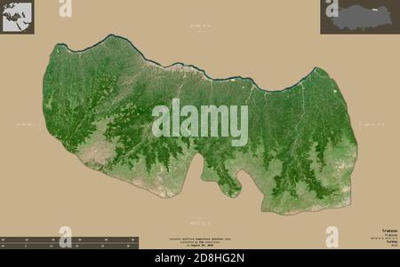 Trabzon, province of Turkey. Sentinel-2 satellite imagery. Shape isolated on solid background with informative overlays. Contains modified Copernicus Stock Photo