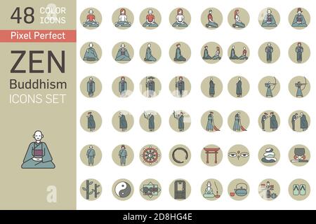 Set of zen buddhism icons. Activities of Zen Buddhist monks and nuns in ...