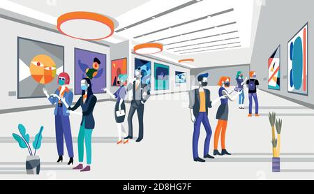 Cool people wearing face masks, for covid pandemic looking modern abstract paintings in art exhibition. vector flat illustration. Men and women at the Stock Vector