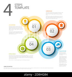 Vector light progress steps template with descriptions, icons and circles Stock Vector