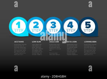 One two three four five - vector progress template with five blue steps and description - dark version Stock Vector